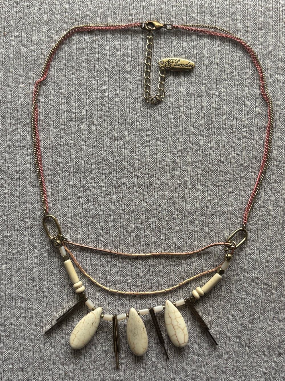 Plunder signed 2-stranded dangly white marble stone lariat adjustable necklace
